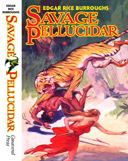 A sabre-toothed tiger attacks Bovar, Prince of the Tandars, while Dian the Beautiful escapes.